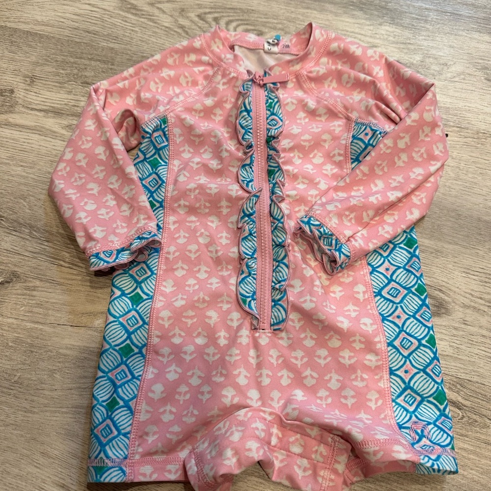 Cabana Life Girls Pink & Teal One-Piece Rash Guard Swimsuit
